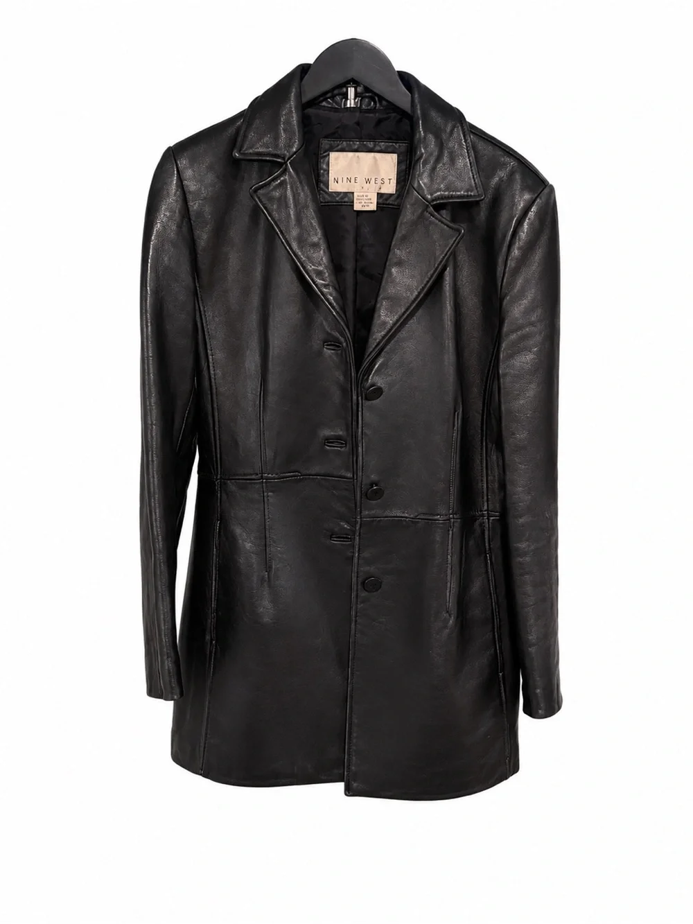 Nine West Black Genuine Leather Longline Blazer Coat M